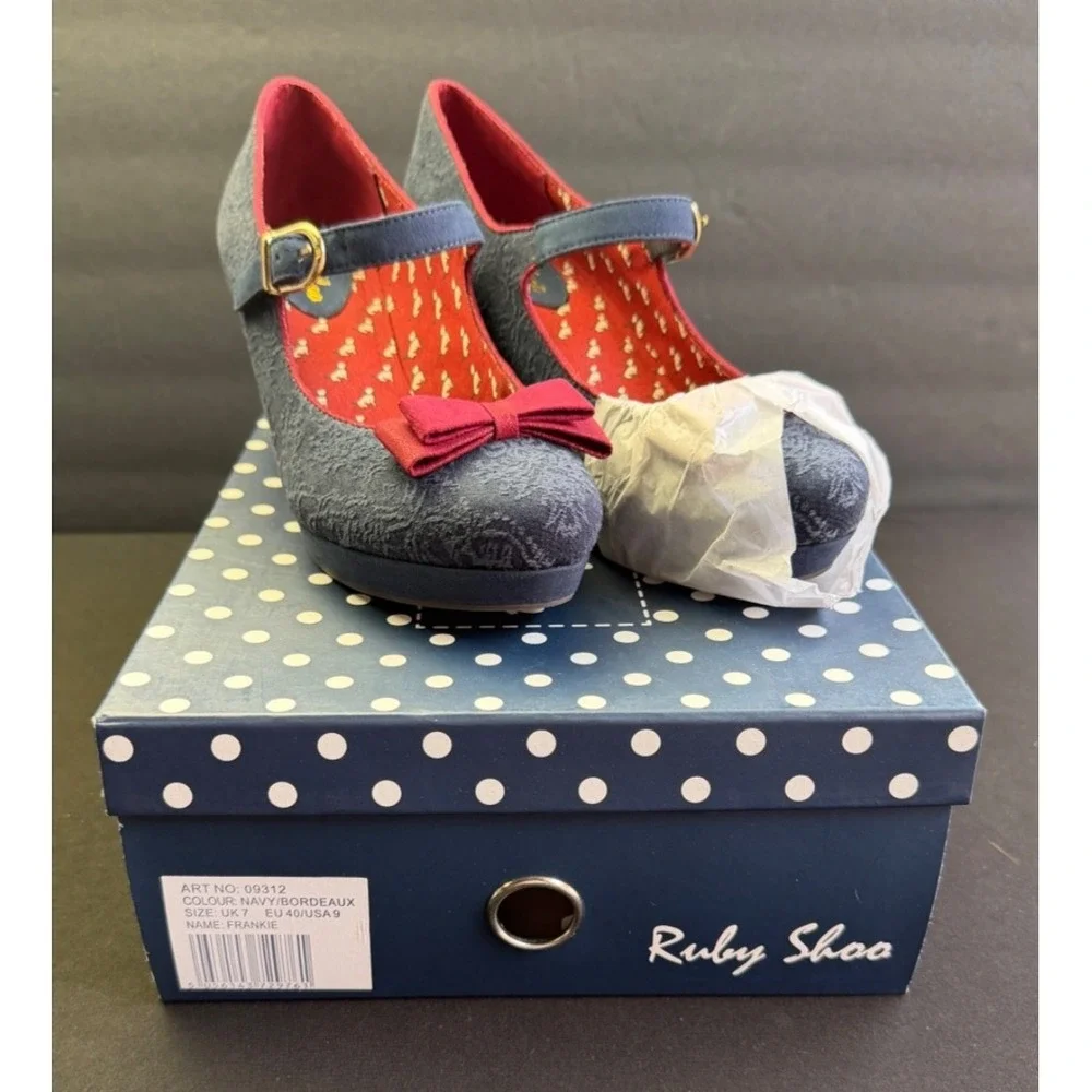 RUBY‎ SHOO Womens 9 EU 40 Frankie Navy Bordeaux Mary Jane Platform Heel Shoes